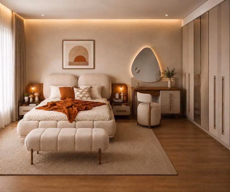 Set per camera da letto: letto, armadio, tavolino da trucco, poggiapiedi, panca da letto