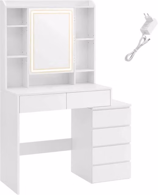 Toletta con grande specchio LED e luminosità regolabile 40 x 97,5 x 145 cm con specchio scomparti a giorno ripiani regolabili bianco moderno 12_0005175