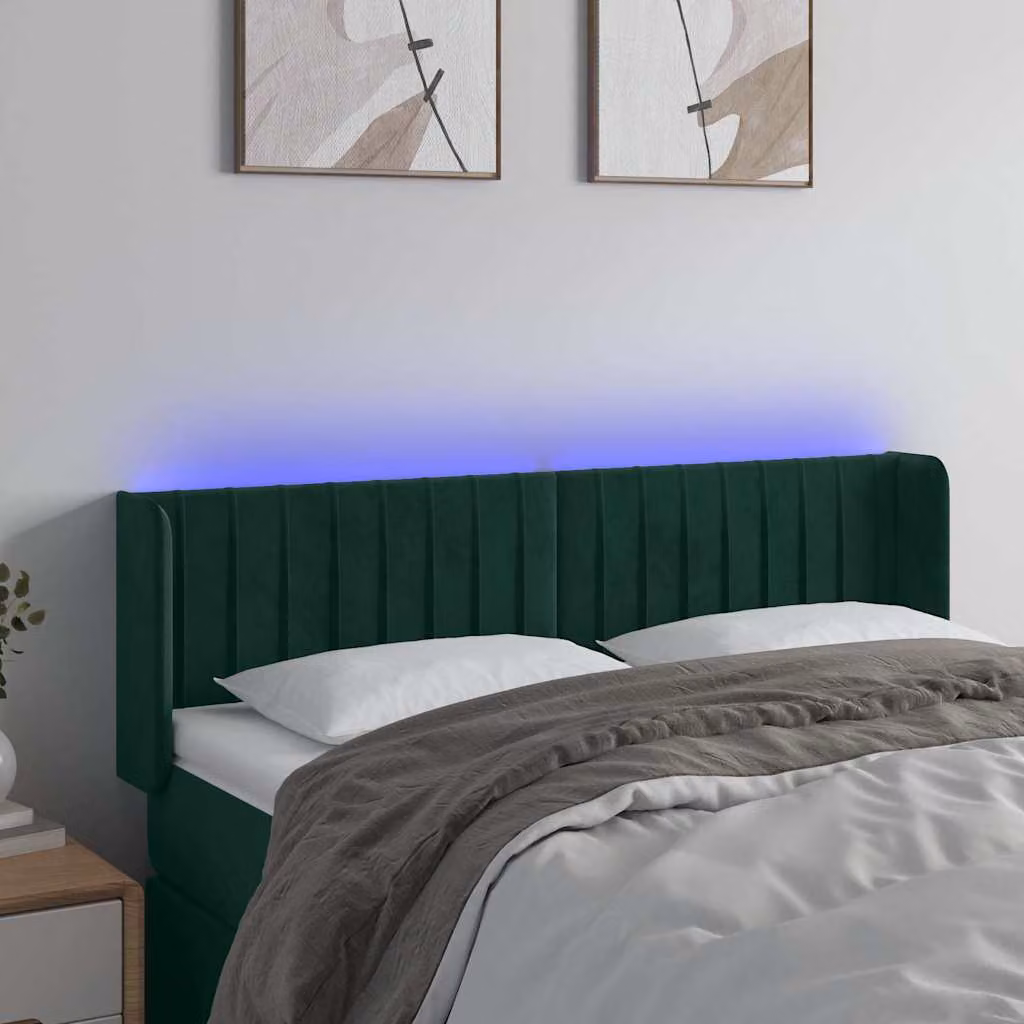 Testiera per letto vidaXL in velluto verde scuro con illuminazione LED e porta USB, L: 147 cm, P: 16 cm, H: 78-88 cm