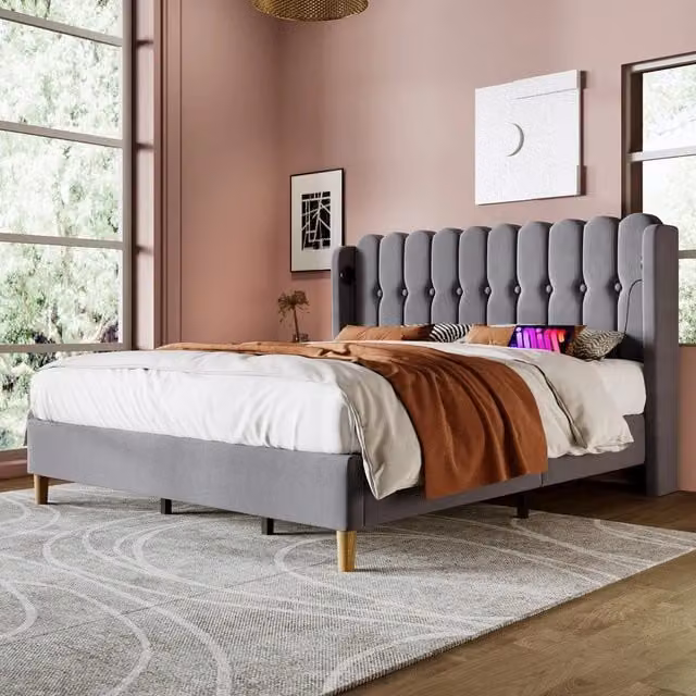 Letto Imbottito Matrimoniale con Rete a Doghe ¨C MINIMAL ¨C Grigio, Tessuto Lino, 180x200