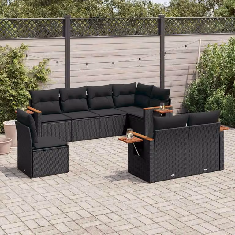 vidaXL Set Divani da Giardino a L in Polyrattan Nero con 8 Cuscini e Tavolino