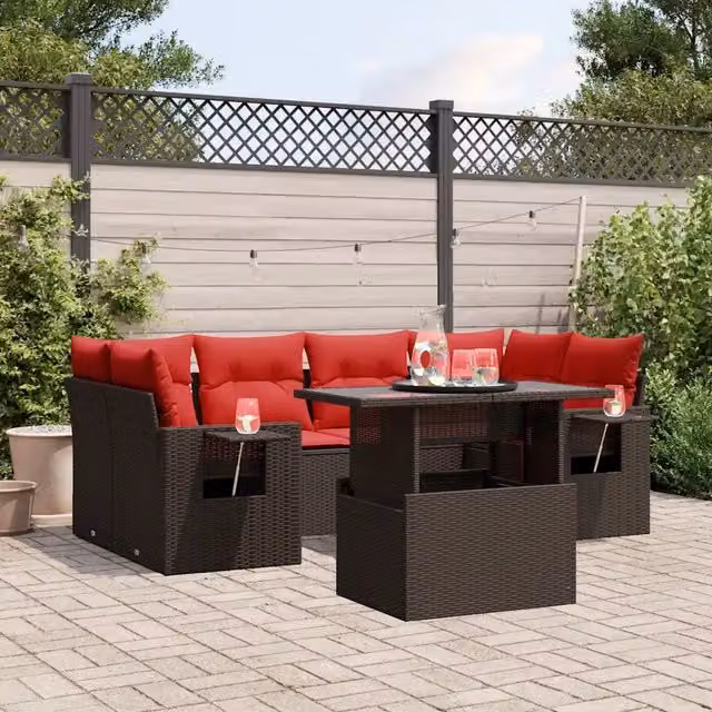Set da giardino vidaXL in polyrattan marrone composto da 7 pezzi con divani, elementi angolari, tavolino da caffè e cuscini imbottiti con coperture rimovibili