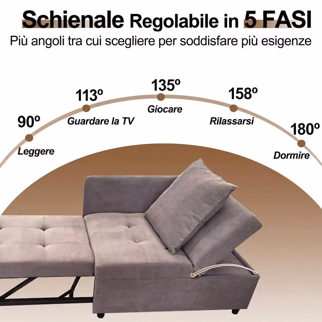 Divano letto moderno Vovees Living in tessuto grigio con schienale regolabile e funzione letto, Larghezza: 177 cm – 2