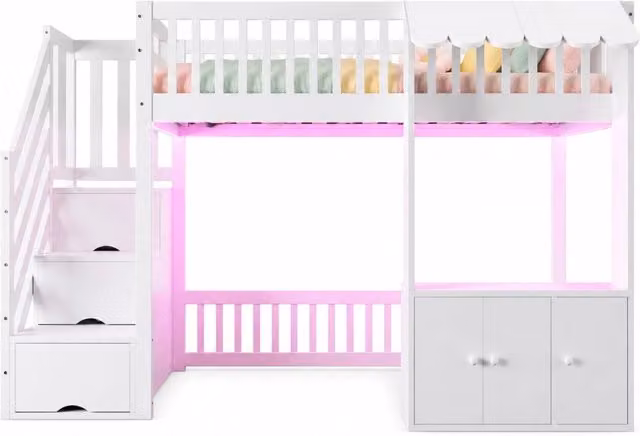Letto a soppalco singolo 90x200 cm con scala contenitore e LED in pino; bianco