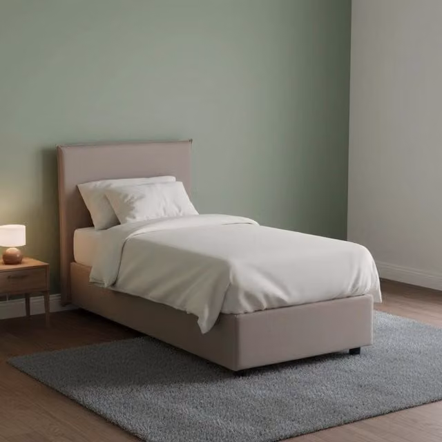 Letto singolo contenitore Alder di Talamo Italia con rivestimento in tessuto beige, adatto per materasso 90x200 cm