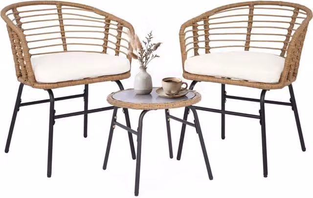 Salotto da esterno in pe rattan con piano in vetro temperato, Set mobile da giardino a 3 pezzi 2 poltrone con cuscini imbottiti
