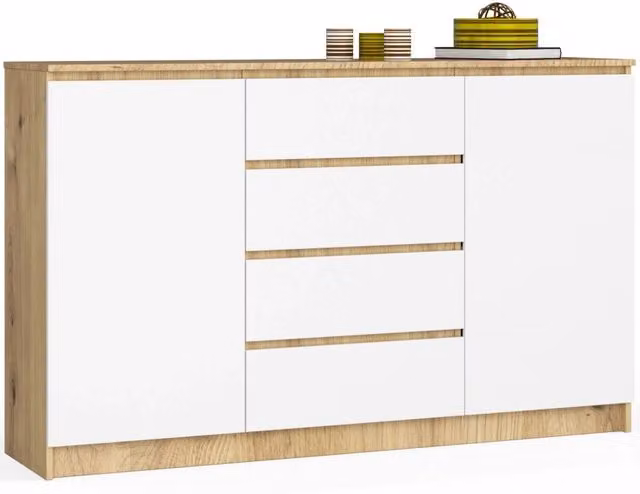 Cassettiera AKORD K160 Quercia Artisan 160 cm 2 ante 4 cassetti inserto frontale Bianco 160x40x99 cm