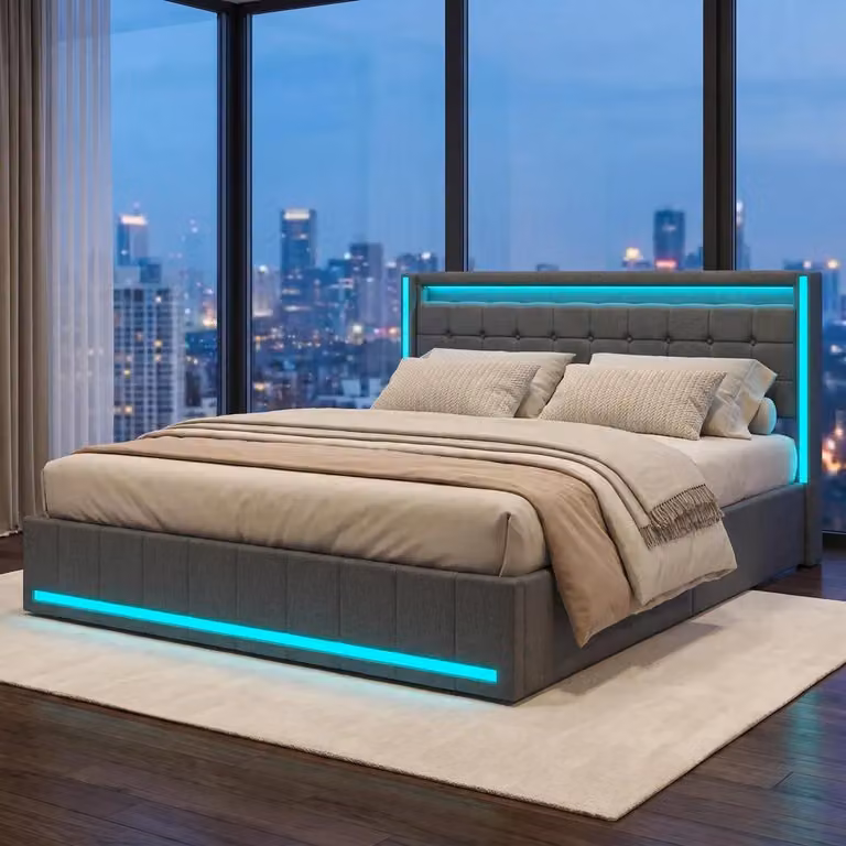Letto contenitore 140x200 cm, letto con spazio contenitore, 4 cassetti, letto imbottito con LED e USB, struttura letto matrimoniale con rete a doghe, letto per ragazzi, tessuto in lino, colore grigio