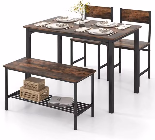 Set da pranzo 4 pezzi con tavolo 2 sedie e panca marrone rustico in MDF e acciaio robusto e salvaspazio per casa e cucina