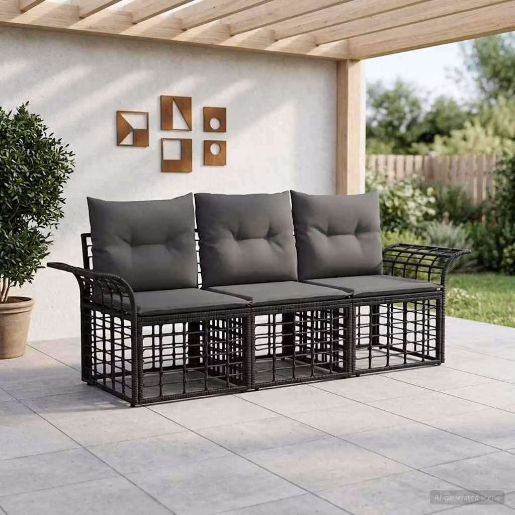 Maison Exclusive - Set da esterno composto da 3 divani, colore nero e grigio scuro, tessuto: poliestere