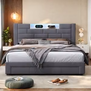 UnboxG Letto imbottito 160x200cm con USB e prese, letto per ragazzi letto matrimoniale con 3 cassetti, letto contenitore letto in legno massiccio con LED/tipo C e rete a doghe grigio