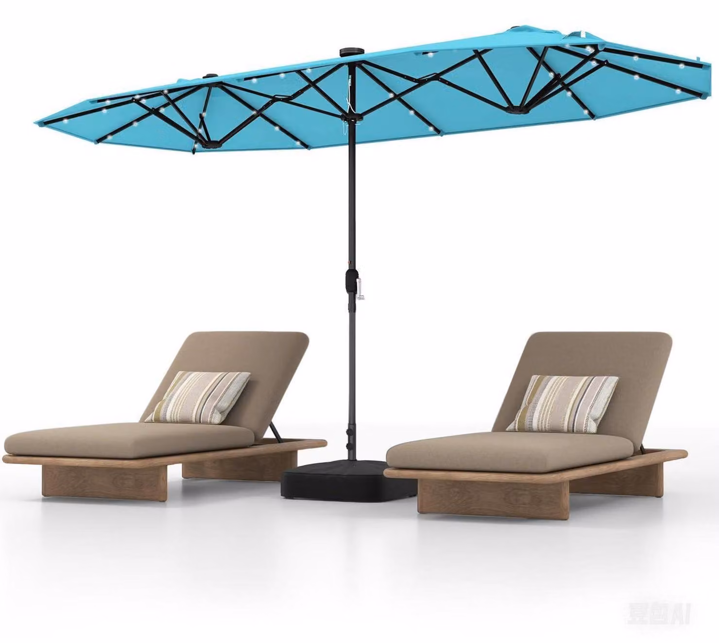 Ombrellone doppio, dimensioni 400 x 200 cm, con illuminazione solare a LED, struttura e manovella, protezione solare UPF 50+, colore turchese