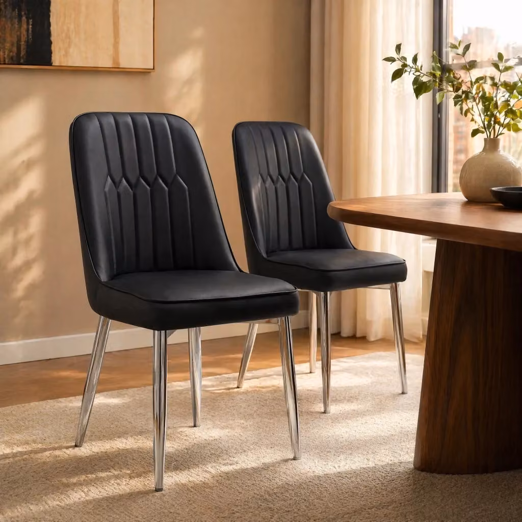 Sedia da pranzo moderna MODFU in ecopelle nera con gambe in metallo argento, Altezza: 89 cm – 2