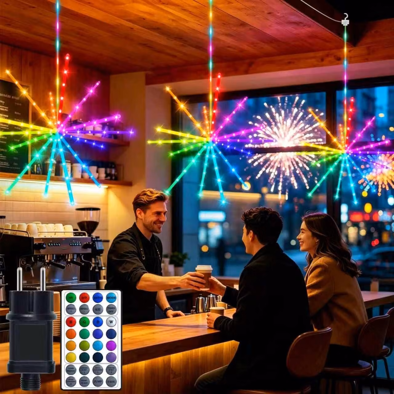 Set di 3 lampade a sospensione, 672 LED, effetto "fuoco d'artificio", grado di protezione IP65, alimentazione solare