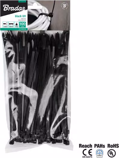 BRADAS Nastri di tensione per fili 4,8x200mm 100 pz UV BLACK BR-TS1148200B