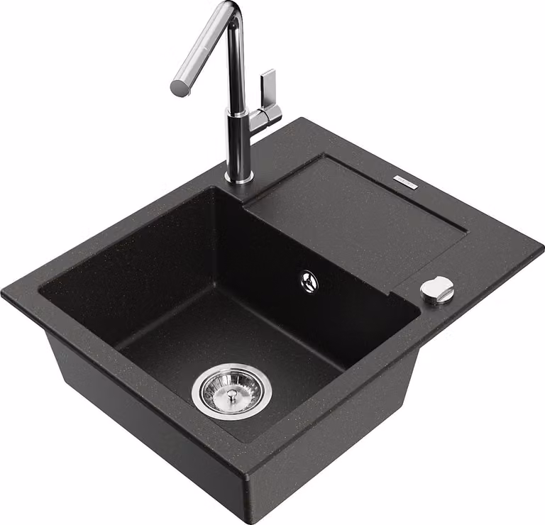Mexen Enzo lavello in granito a 1 vasca con scolapiatti e rubinetto cucina Flora, nero/oro metallizzato - 6506-75-670401-00