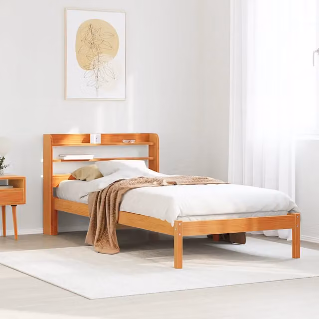 Letto con Testiera e Ripiani Integrati vidaXL in Legno Massello di Pino Marrone Rustico L/P/H: 218 x 110 x 82 cm (100x200 cm)