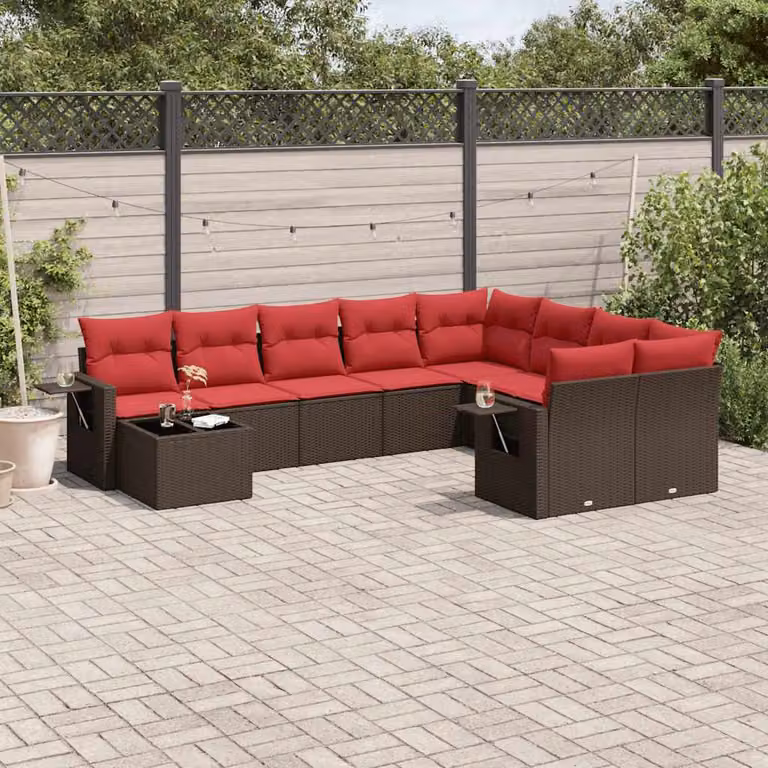 Set di divani da giardino vidaXL in polyrattan marrone con cuscini e tavolino da esterno, composizione a L per 10 persone