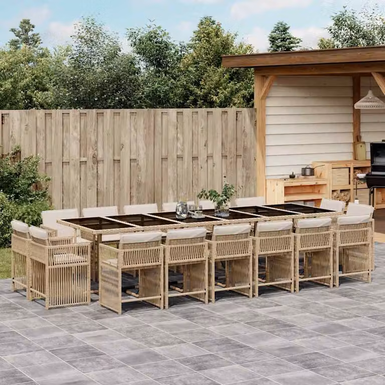 Set da Pranzo da Giardino vidaXL in Polyrattan con Cuscini Beige e Piano in Vetro, 17 Pezzi