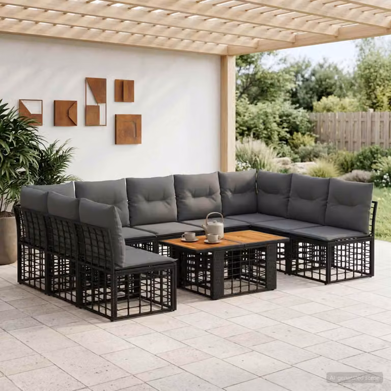 Set Divano da Giardino vidaXL in Polyrattan Nero e Grigio con Tavolino e Cuscini
