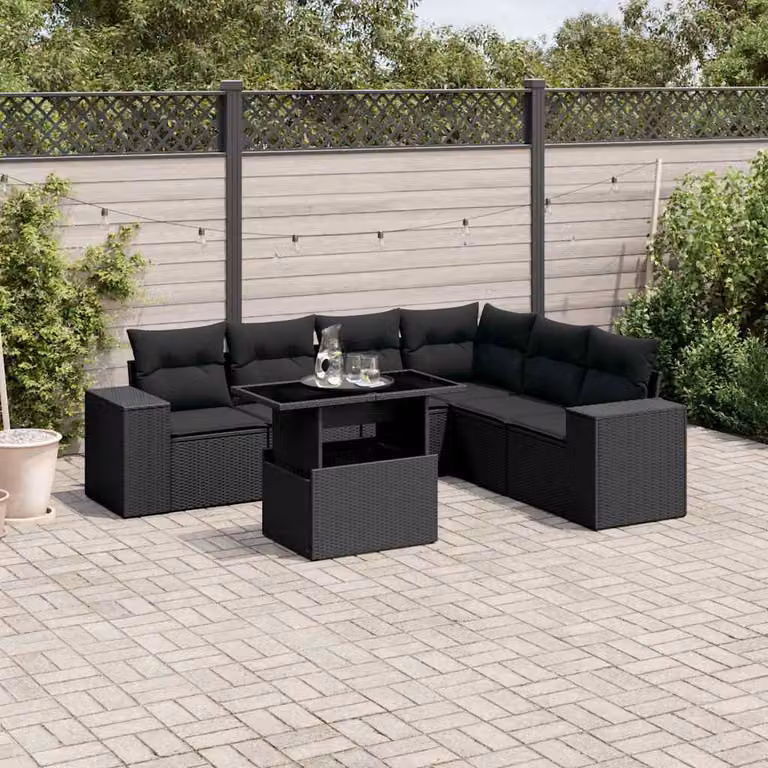 vidaXL Set Divano da Giardino a L con 7 Cuscini Nero in Polyrattan e Acciaio