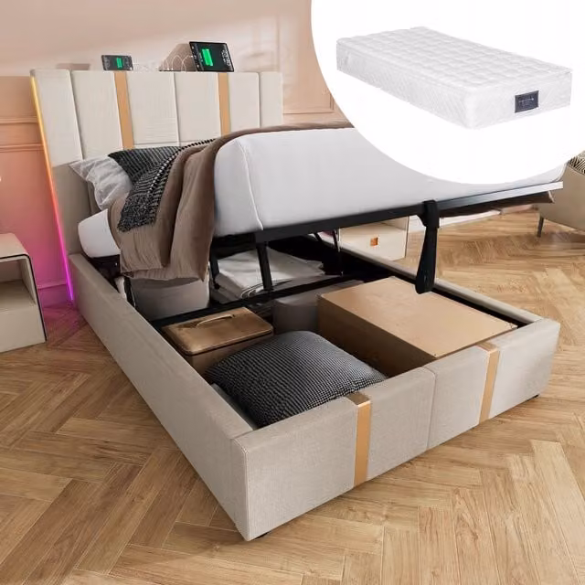 Letto imbottito 90x200 - Xylo - Beige, USB-C e LED