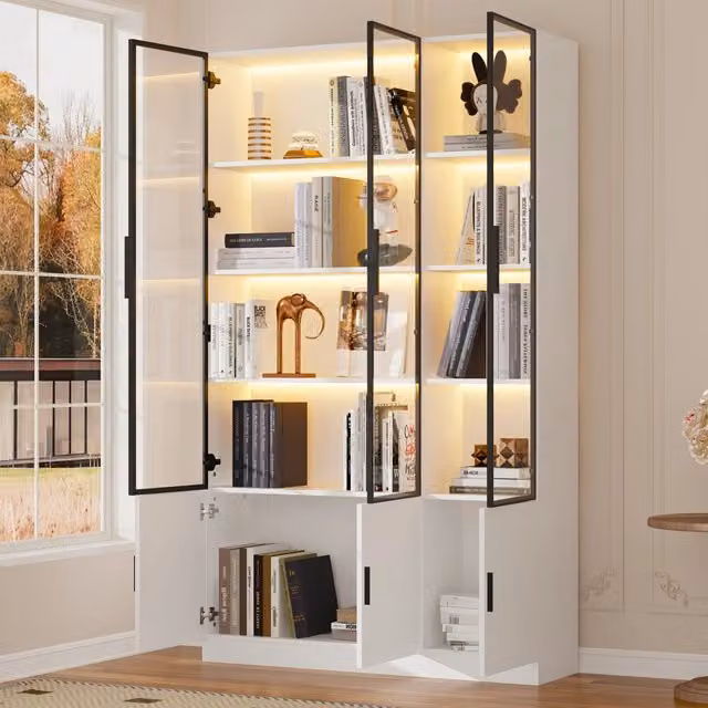 Vetrina con 6 ante in vetro LED controllabile tramite app MDF bianco con ripiani 120 × 32 × 200 cm