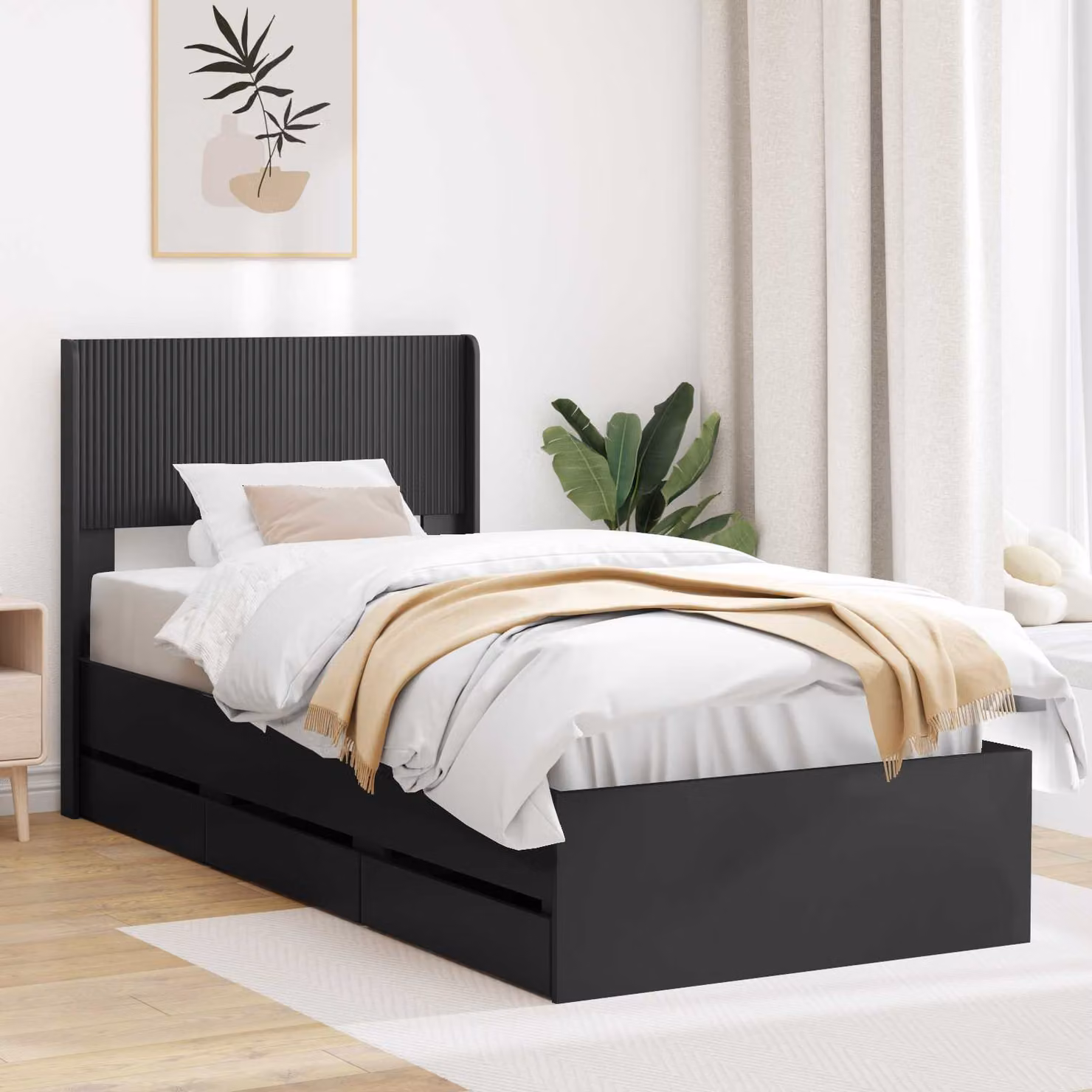 Struttura letto con contenitore e testata vidaXL, colore nero, L 90 x P 200 cm