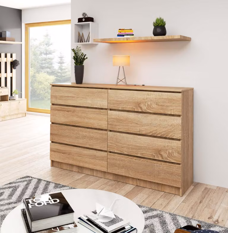 Comò alto da 160 cm con 8 cassetti. Mobile contenitore laterale, credenza o consolle alta 99 cm