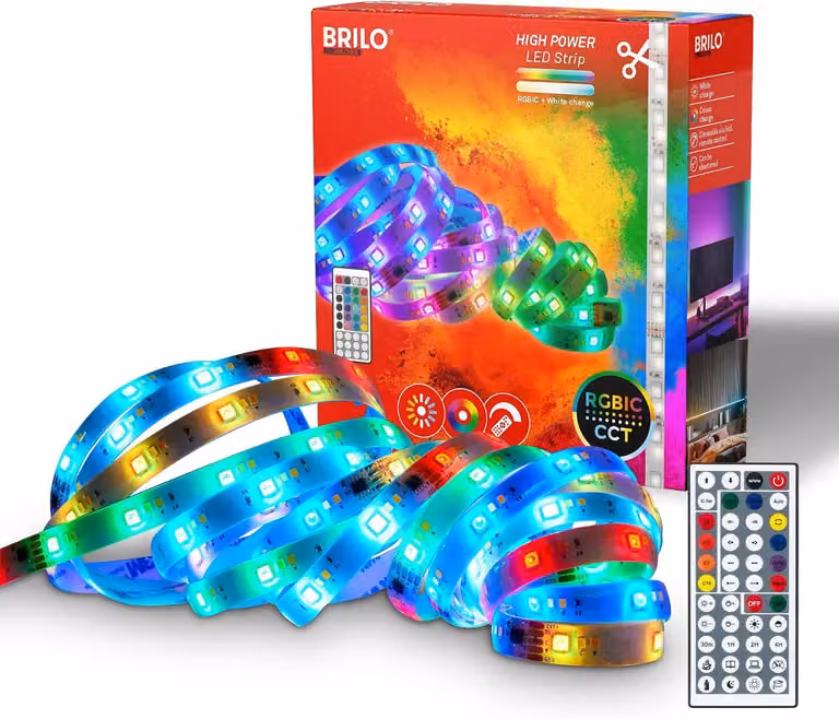 Briloner Striscia LED 5 m, RGB IC cambio colore dinamico, CCT, telecomando, dimmerabile, smart, autoadesiva, bianco, 500 x 1 cm
