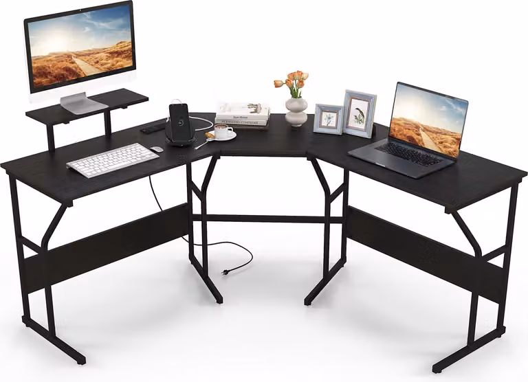 COSTWAY Scrivania a L, scrivania angolare reversibile con supporto per monitor e stazione di ricarica, scrivania per computer da gioco, scrivania da ufficio nera