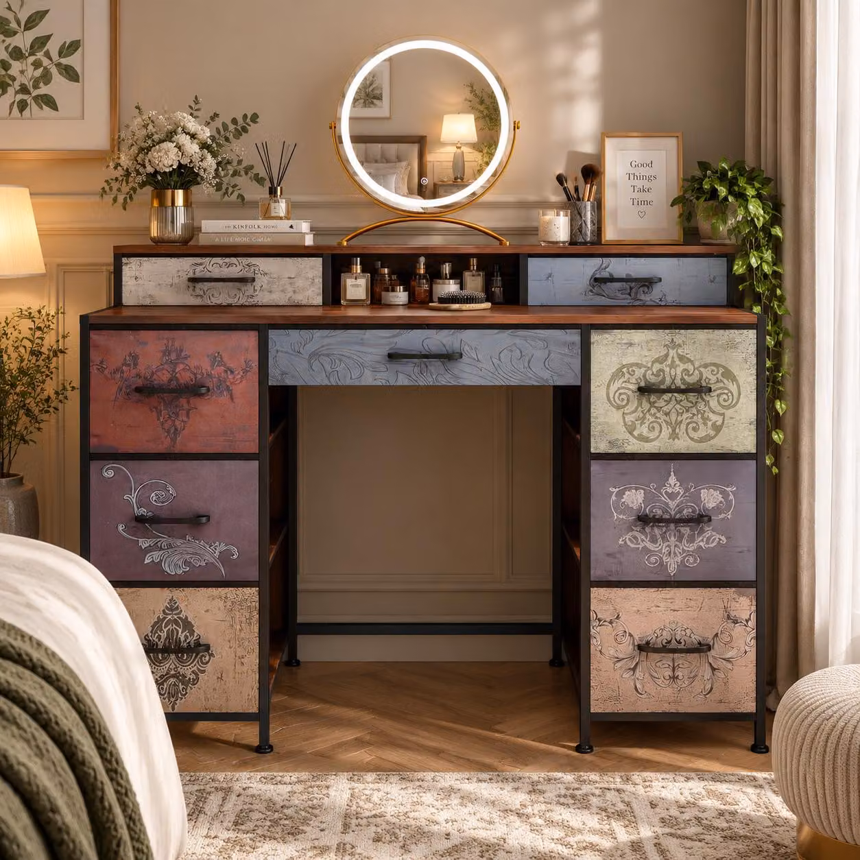 INONEFT, tavolino da trucco in legno con 9 cassetti, stile vintage, ideale come comodino, mobiletto portaoggetti, adatto per camera da letto, soggiorno, ingresso, disponibile in colori retrò