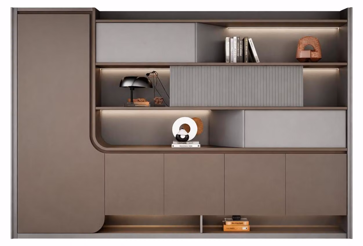Armadio per ufficio moderno, dotato di elegante illuminazione a LED e linee pulite