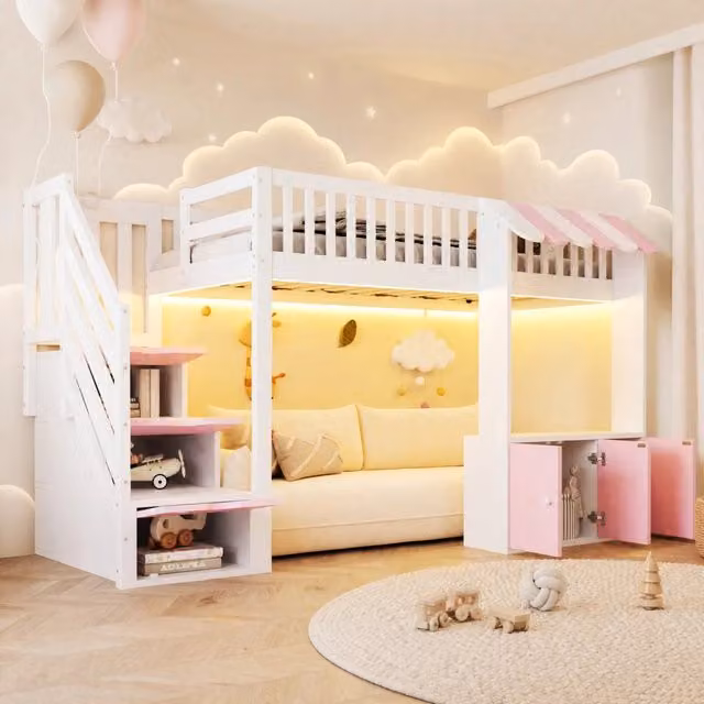 Letto a soppalco 90x200 cm con scala contenitore; LED multicolore; spazio sottostante; rosa e bianco