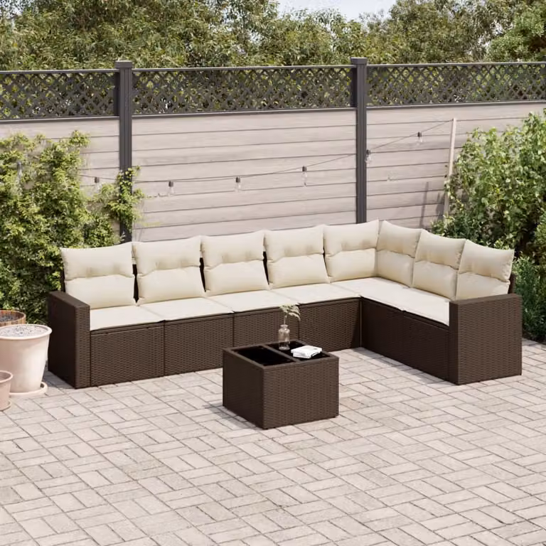Set di Divani da Giardino vidaXL 8 Pezzi in Polyrattan Marrone con Cuscini e Tavolino da Esterno
