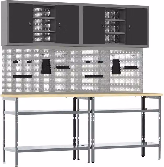 Set banco da lavoro vidaXL 8 pz in metallo con pannello forato e altezza regolabile, Nero e Grigio – 1