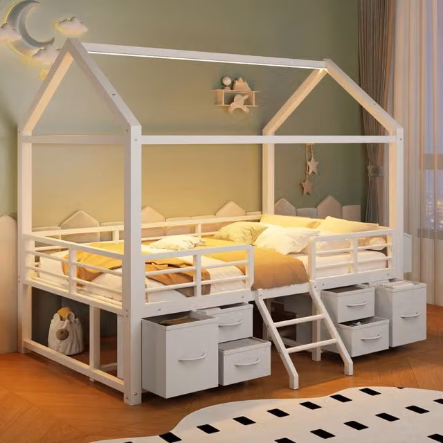 Desviae Letto a soppalco per bambini 90 × 200 cm con tetto a casetta LED cassetti in tessuto metallo e MDF bianco