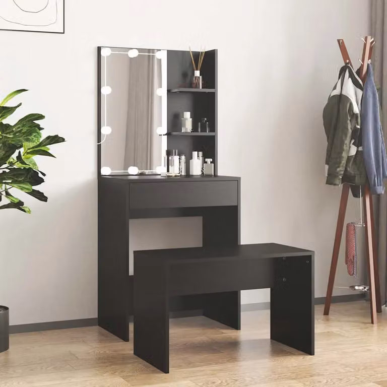 Set Tavolo da Toeletta con LED vidaXL, Nero, L: 140 cm, P: 40 cm, H: 60 cm