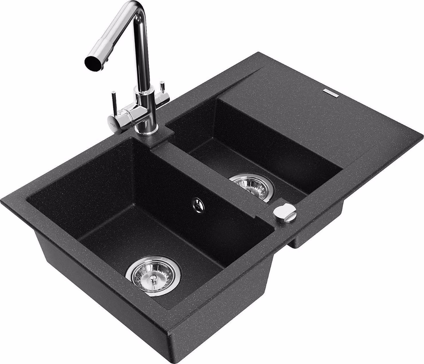 Mexen Gaspar lavello in granito 1,5 vasche con sgocciolatoio e rubinetto da cucina Duero, nero/argento - 6507-73-671600-00