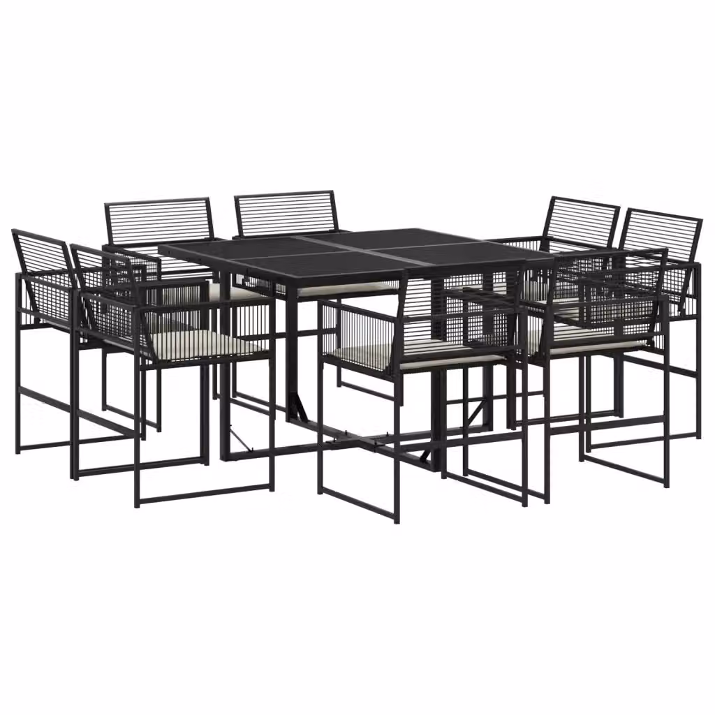 Set da Pranzo da Giardino vidaXL in Polyrattan Nero con Cuscini e Tavolo in Vetro, 9 Pezzi – 2