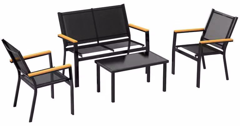 Set di mobili da giardino per 4 persone – divano, sedie e tavolo | Colore: nero | Dimensioni: 110x63,5x84 cm