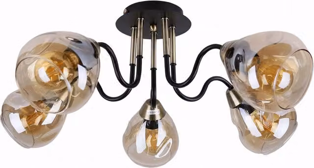 Lampadario moderno Candellux UNICA in metallo e vetro nero e oro, dimmerabile, con 5 lampadine E27, L: 64 cm, P: 64 cm, H: 26 cm