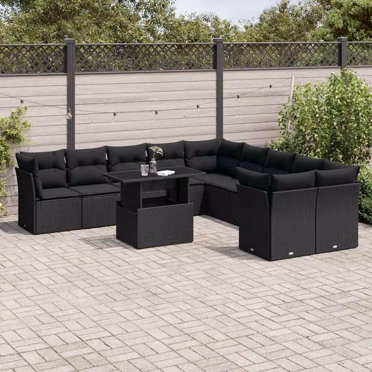 vidaXL Set Divani da Giardino 11 pz in Polyrattan Nero con Cuscini e Tavolino da Esterno