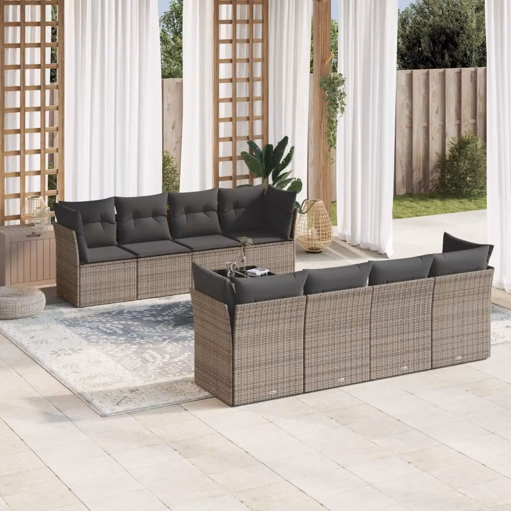 vidaXL Set Divano da Giardino 9 pz a L con Cuscini Grigio in Polyrattan e Tavolino da Caffè – 1