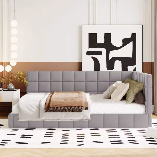 Letto da giorno imbottito 140x200 cm con rete a doghe; trasformabile in divano; grigio