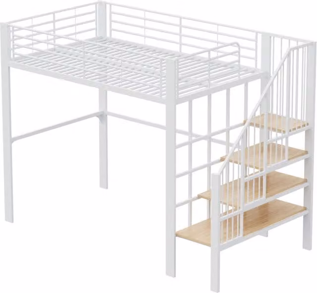 Letto a soppalco 140 x 200 cm in metallo con ampia zona portaoggetti e scala integrata, adatto a bambini e adulti