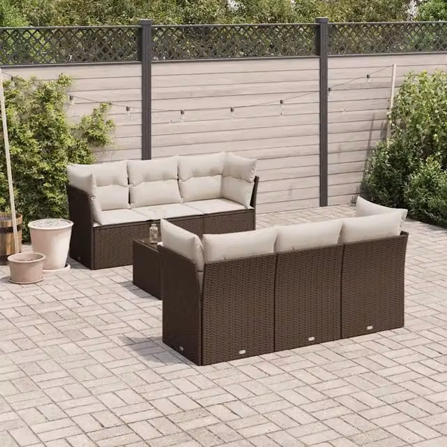 Set Divani da Giardino 7 pz con Cuscini Marrone in Polyrattan 3217263