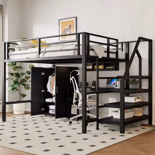 Letto a soppalco 140 x 200 cm con armadio, mensole, scaletta portaoggetti e scrivania, senza materasso - Nero