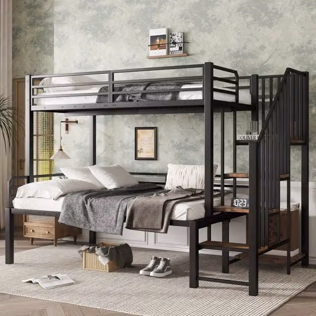 Letto a castello in metallo 90x200 e 120x200 cm con scala contenitore a 4 gradini; nero e legno vintage