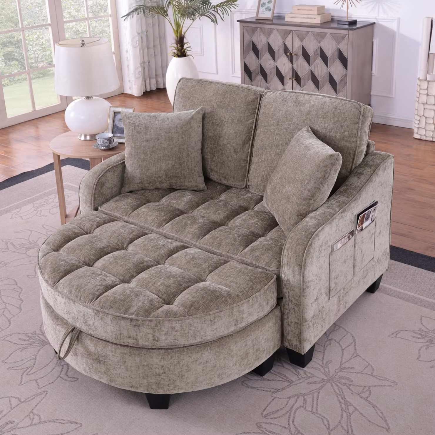 Divano multifunzionale Sweiko, divano letto 2 in 1, sgabello portaoggetti, tessuto traspirante delicato sulla pelle, legno di eucalipto ecologico, piccolo soggiorno, sala studio, camera da letto, marrone